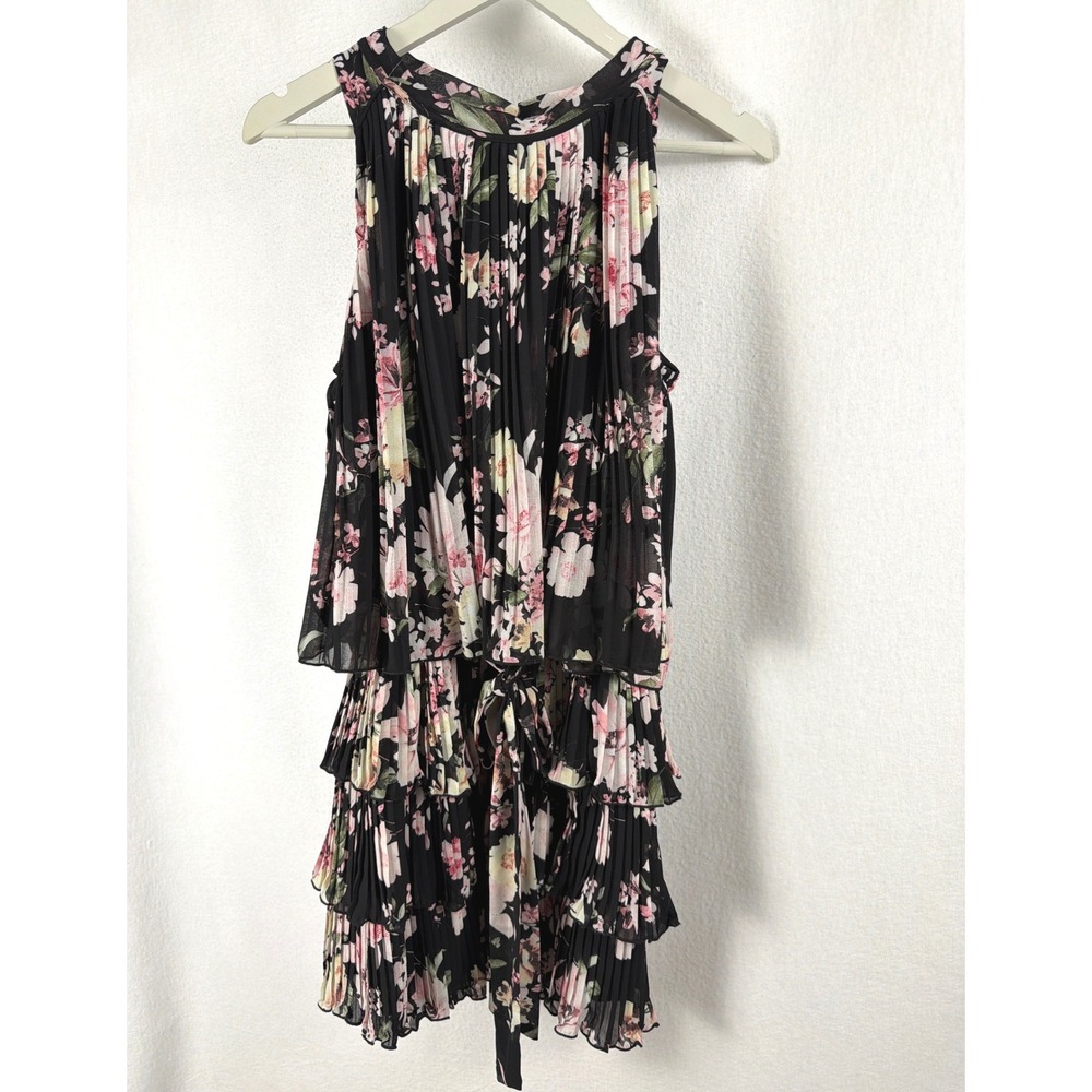 The Clothing Company Floral Pleated Tiered Mini Dress Black Pink Sleeveless M